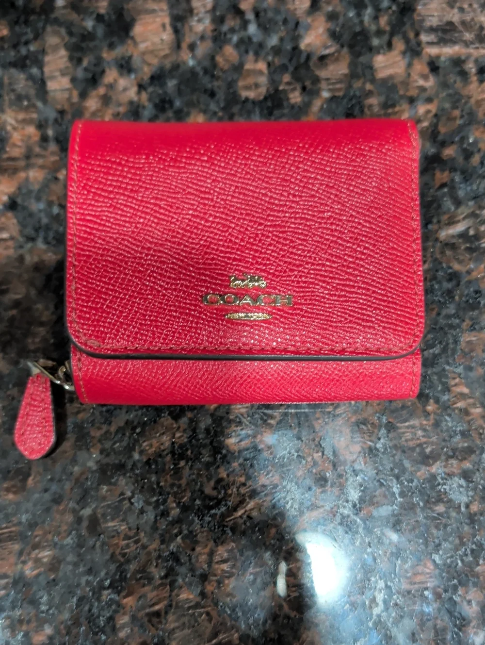 COACH Red Saffiano Leather Trifold Wallet with Gold Logo
